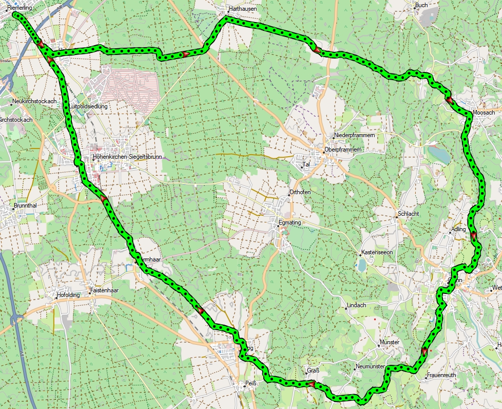 Landkarte mit eingetragener Route