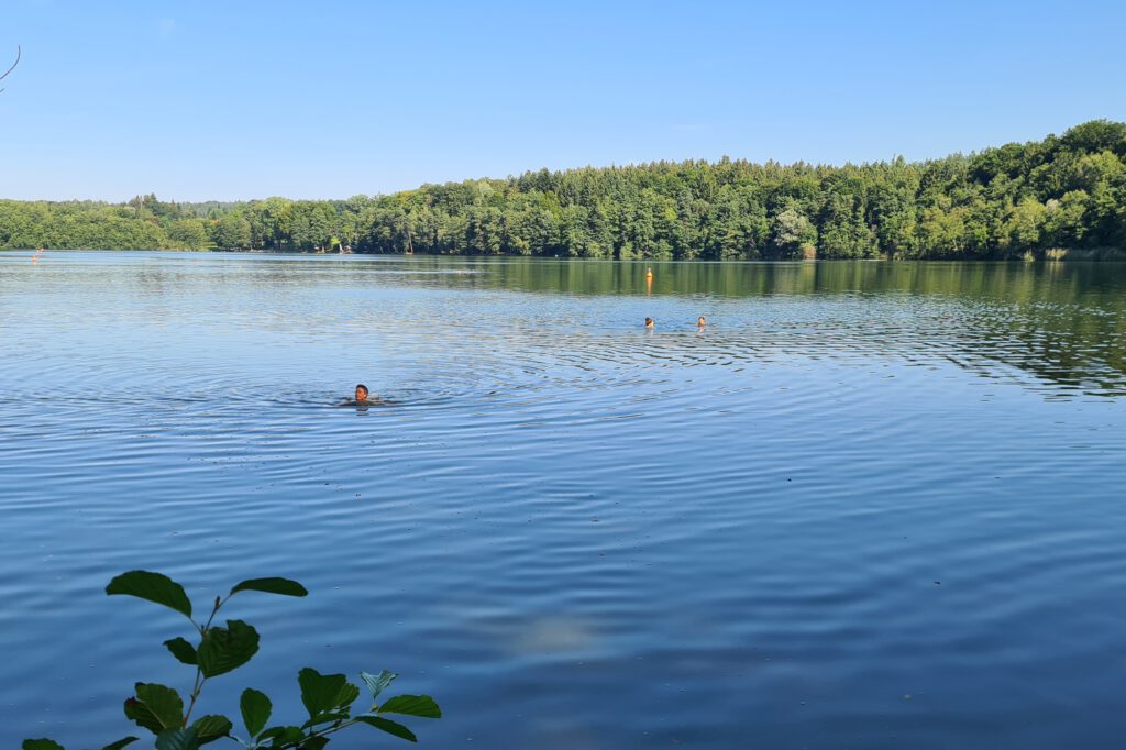 Blauer See mit Schwimmerinnen und Wald im Hintergrund