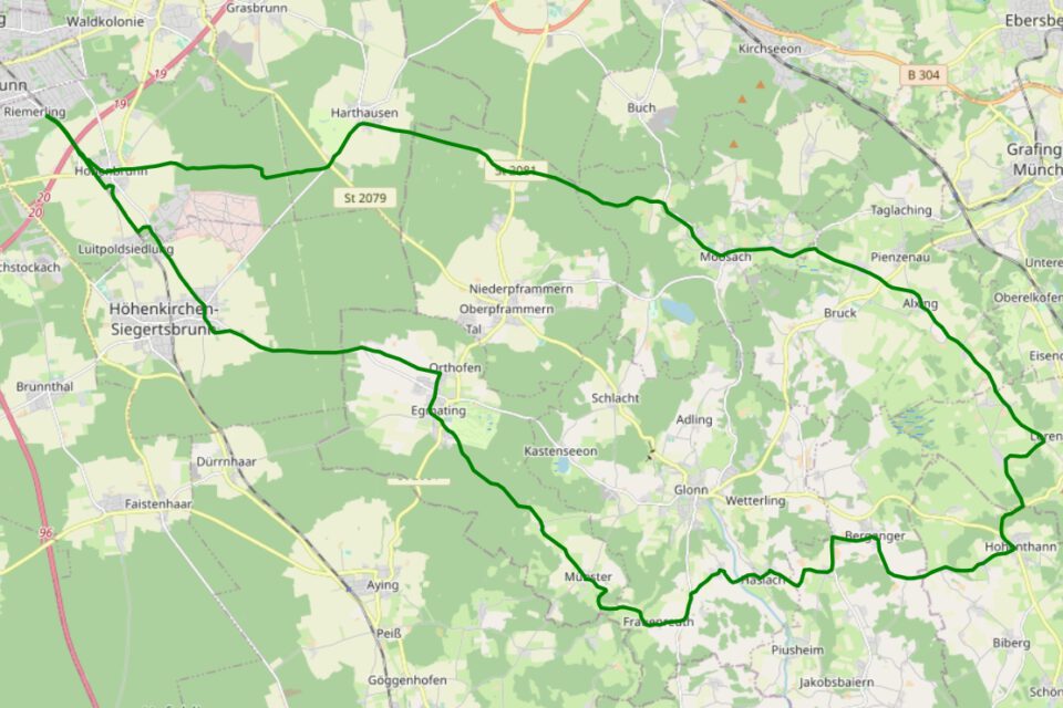 Landkarte mit eingezeichneter Route